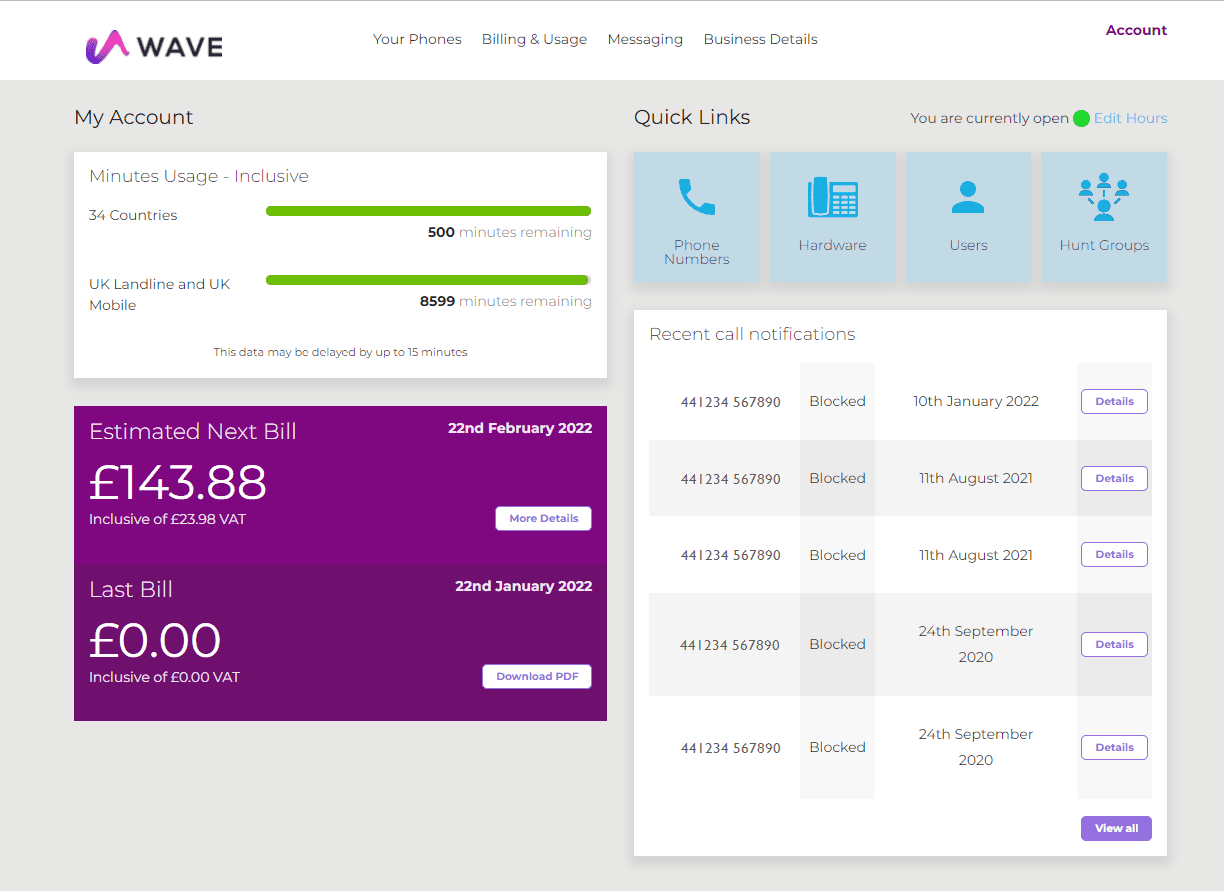 Wave control panel landing page